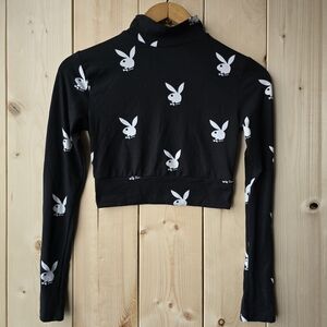 Playboy Crop Top Black Bunnies Long Sleeve Open Back Small